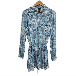 Bit & Bridle Shirt Dress Sz XL Teal Paisley Roll Tab Slv Equestrian Western Mini